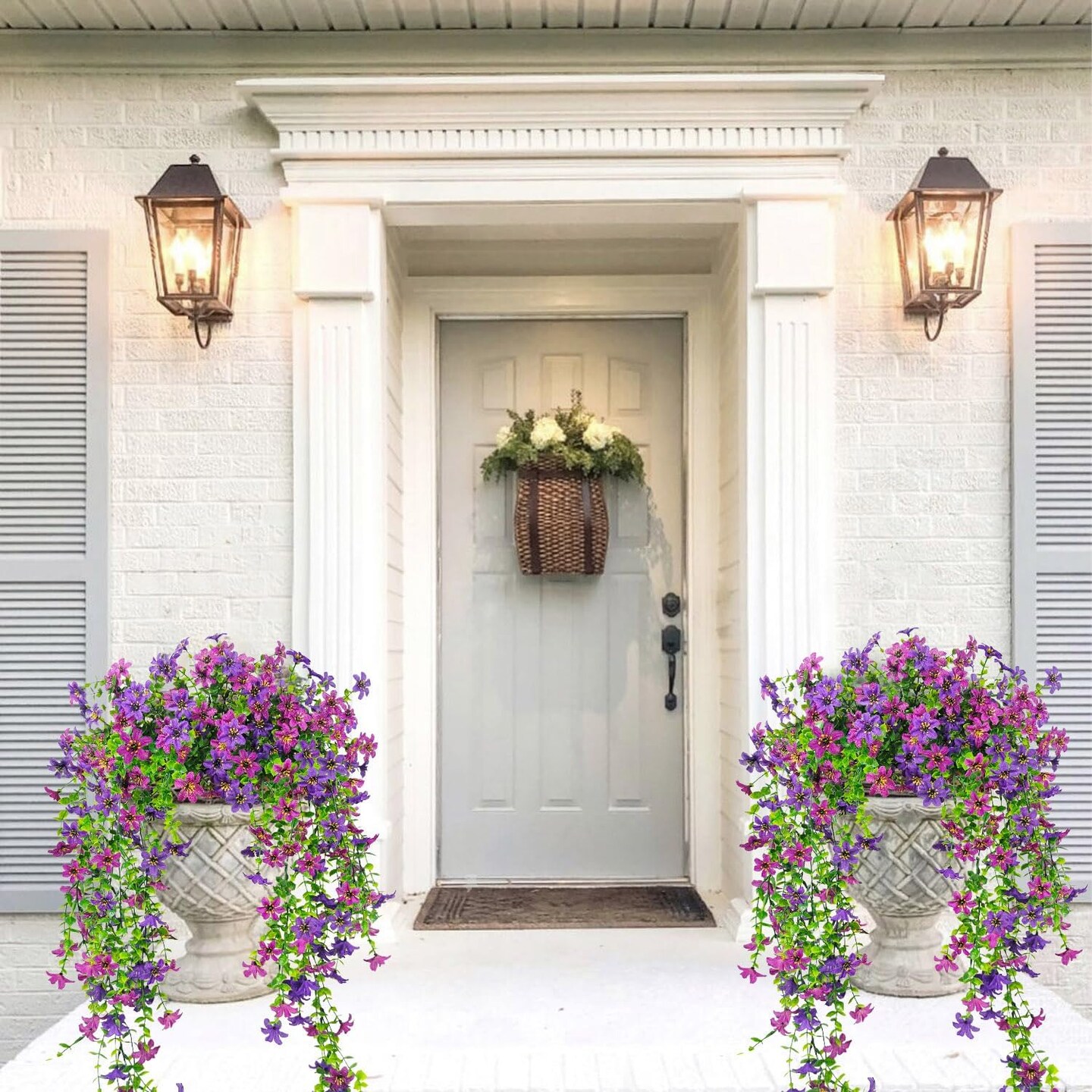 Artificial Hanging Flowers for Outdoors, 2 Pcs Fake Silk Daisy Flowers Decor (Double Purple)