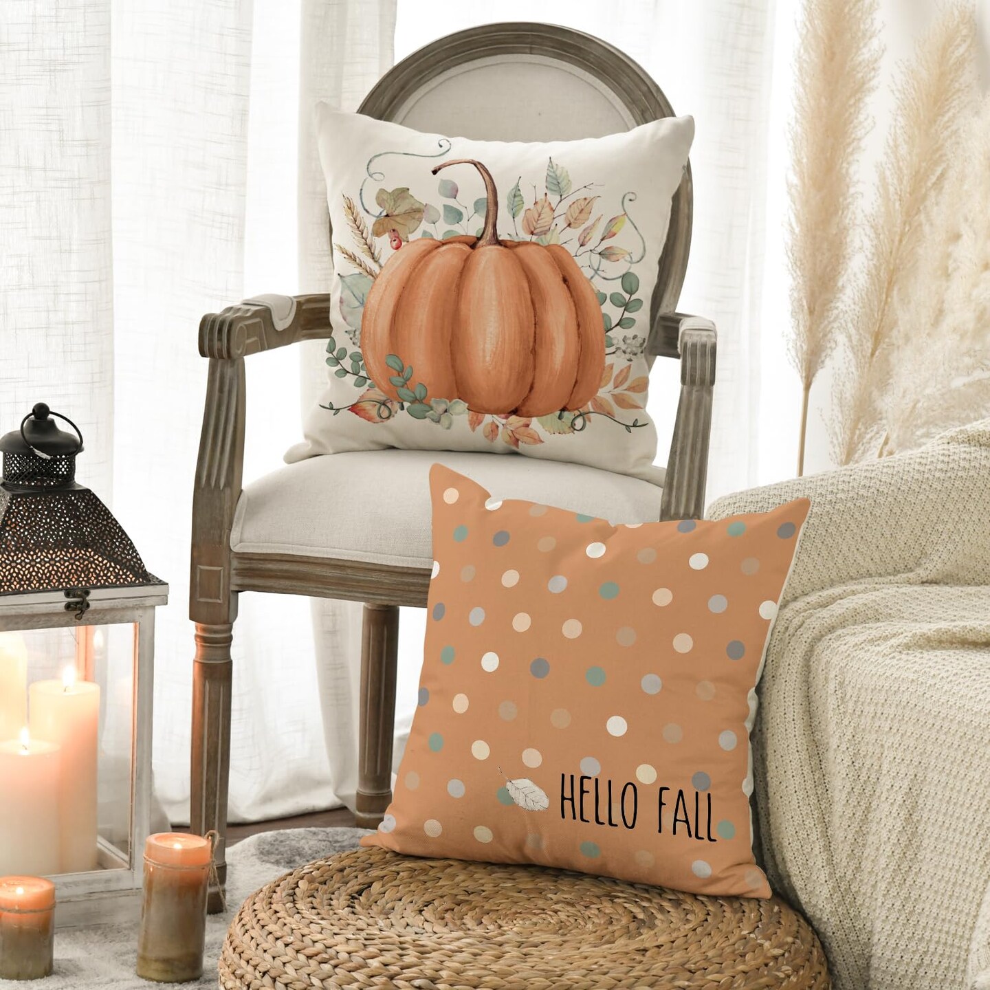 AVOIN colorlife Hello Fall Hello Pumpkin Throw Pillow Covers, 18 x 18 Inch Autumn Thanksgiving Harvest Orange Eucalyptus Decorations for Sofa Couch Set of 4
