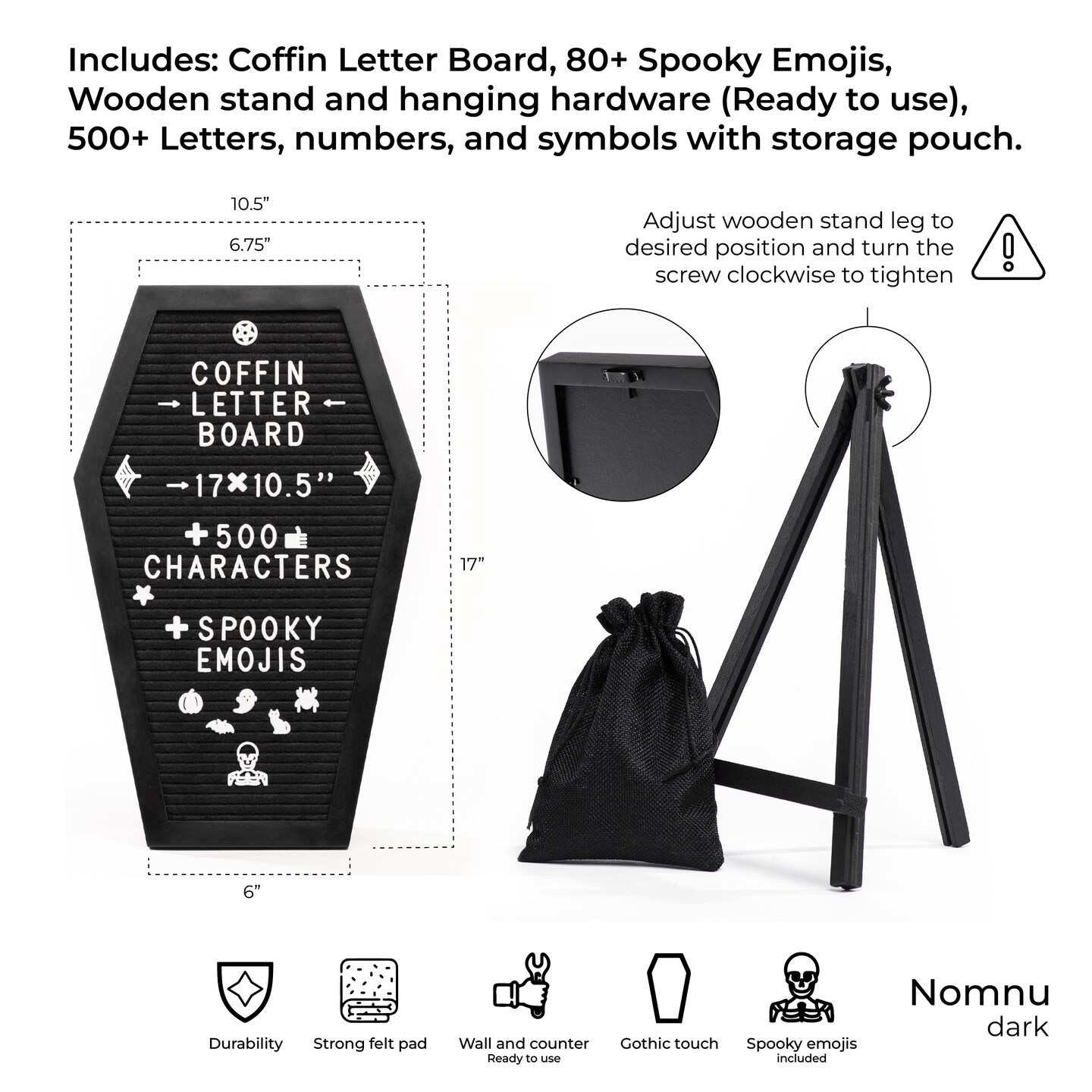 Nomnu Coffin Letter Board with Spooky Emojis, +500 Characters, Wooden Stand - Halloween Decorations Halloween Decor Halloween Gifts - 17x10.5 Inches