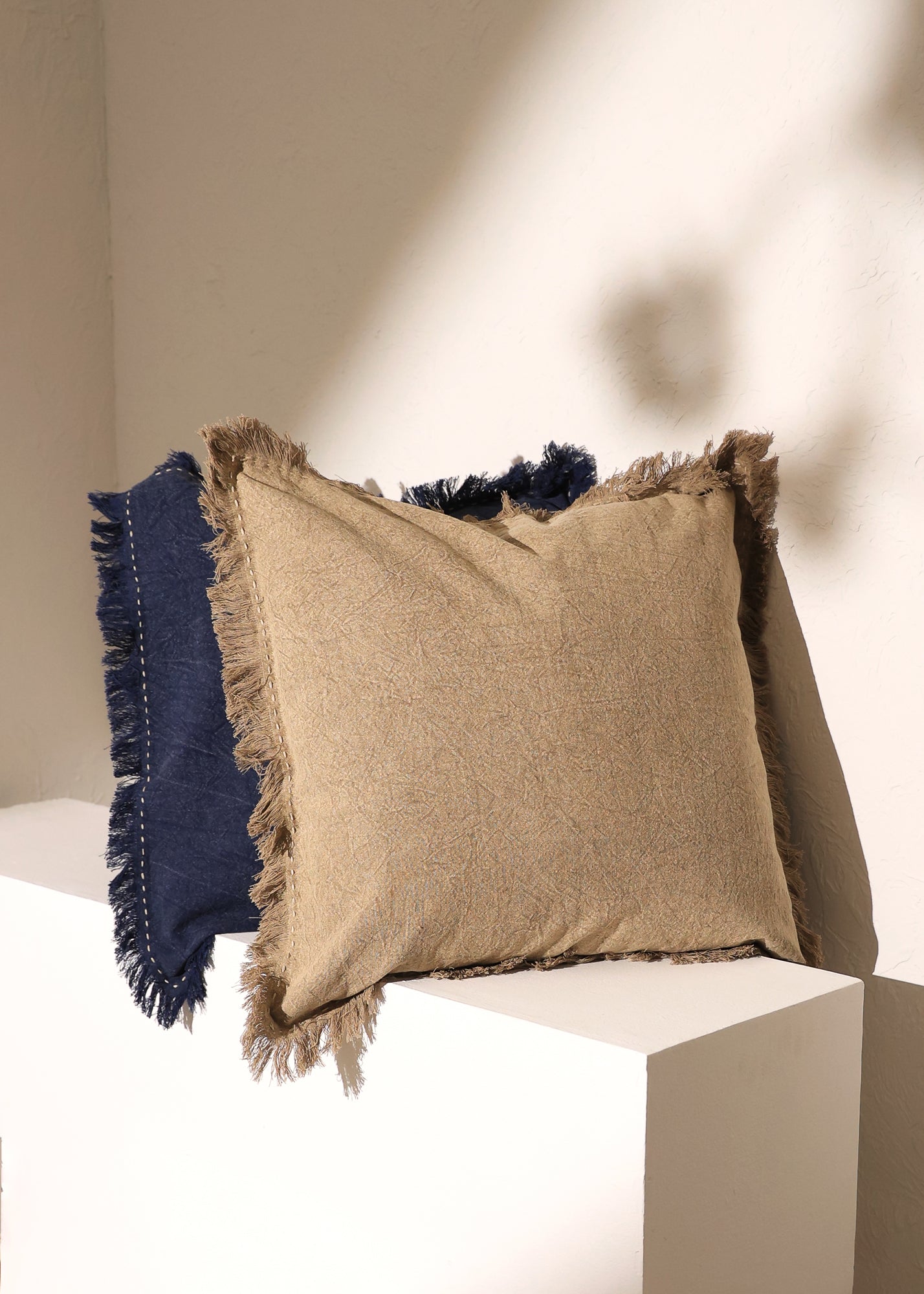 Stonewashed Linen Throw Pillow with Handworked Edges & Fringe - 22" x 22"