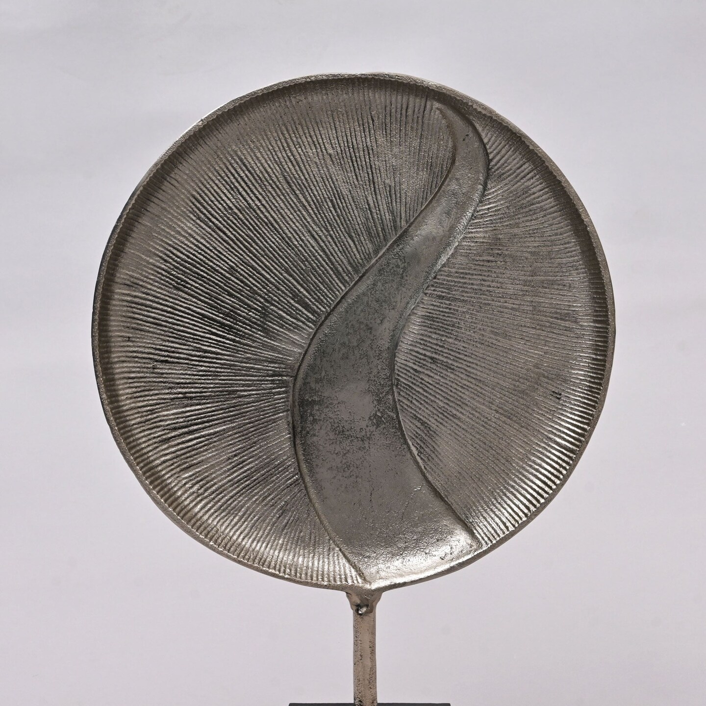 Metallic Sphere Table Accent – Aluminum Sculpture with Black Base (13.5x4.5x17")