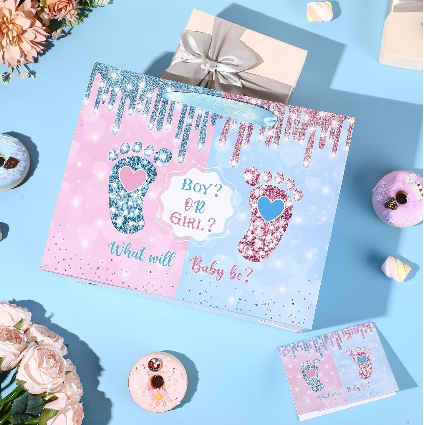 Gender Reveal Gift Bag Blue Pink Boy or Girl Paper Bag with Wrapping Paper Card What Will Baby Be Party Decoration Little Feet Treat Candy Bag for Baby Shower Gender Reveal Birthday Party Supplies