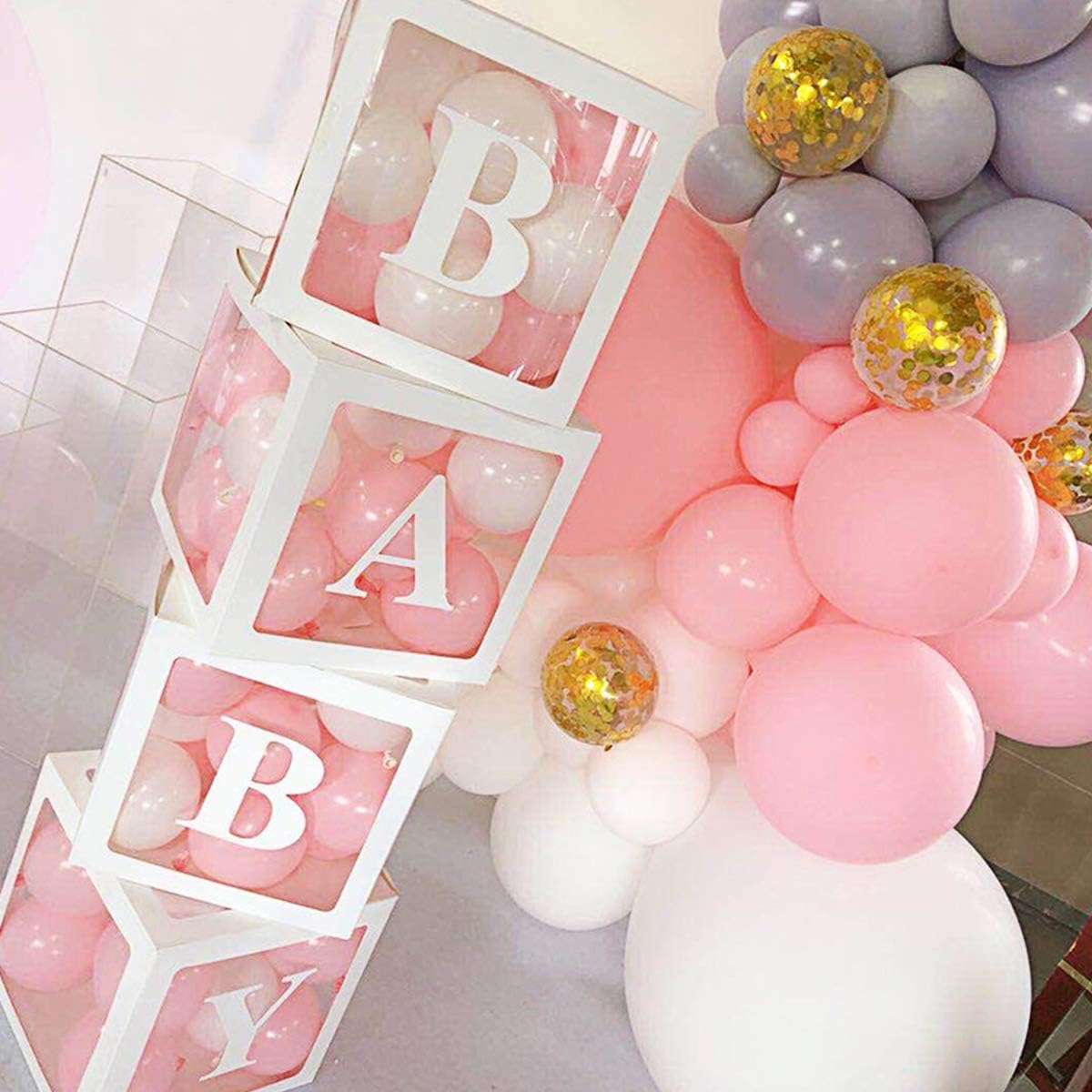 Baby Shower Boxes Party Decorations &#x2013; 4 pcs Transparent Balloons Boxes D&#xE9;cor with Letters Baby Blocks Design for Baby Shower Gender Reveal Backdrop