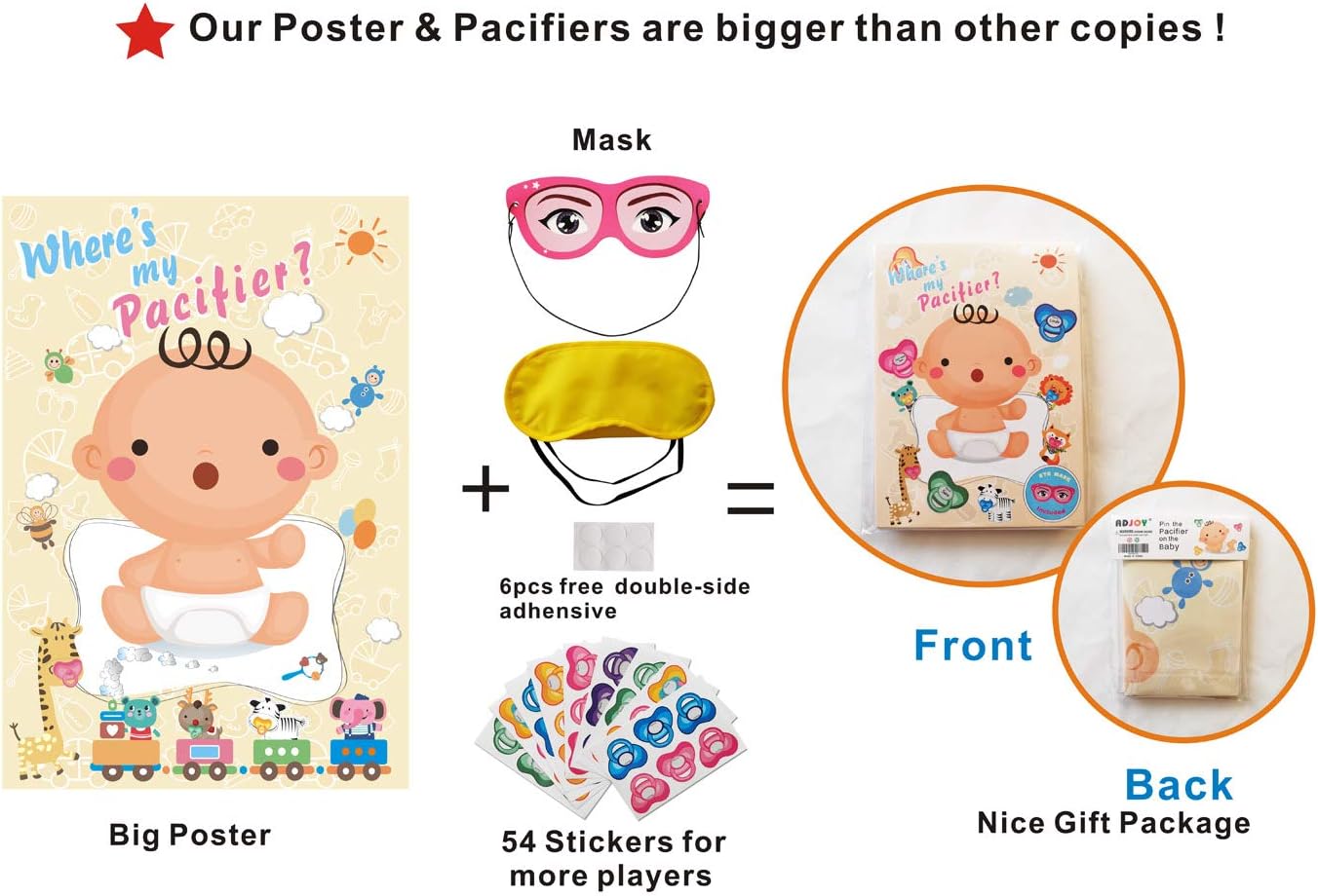 Pin The Pacifier on The Baby Game - Baby Shower Party Favors and Game - Pin The Dummy on The Baby Game