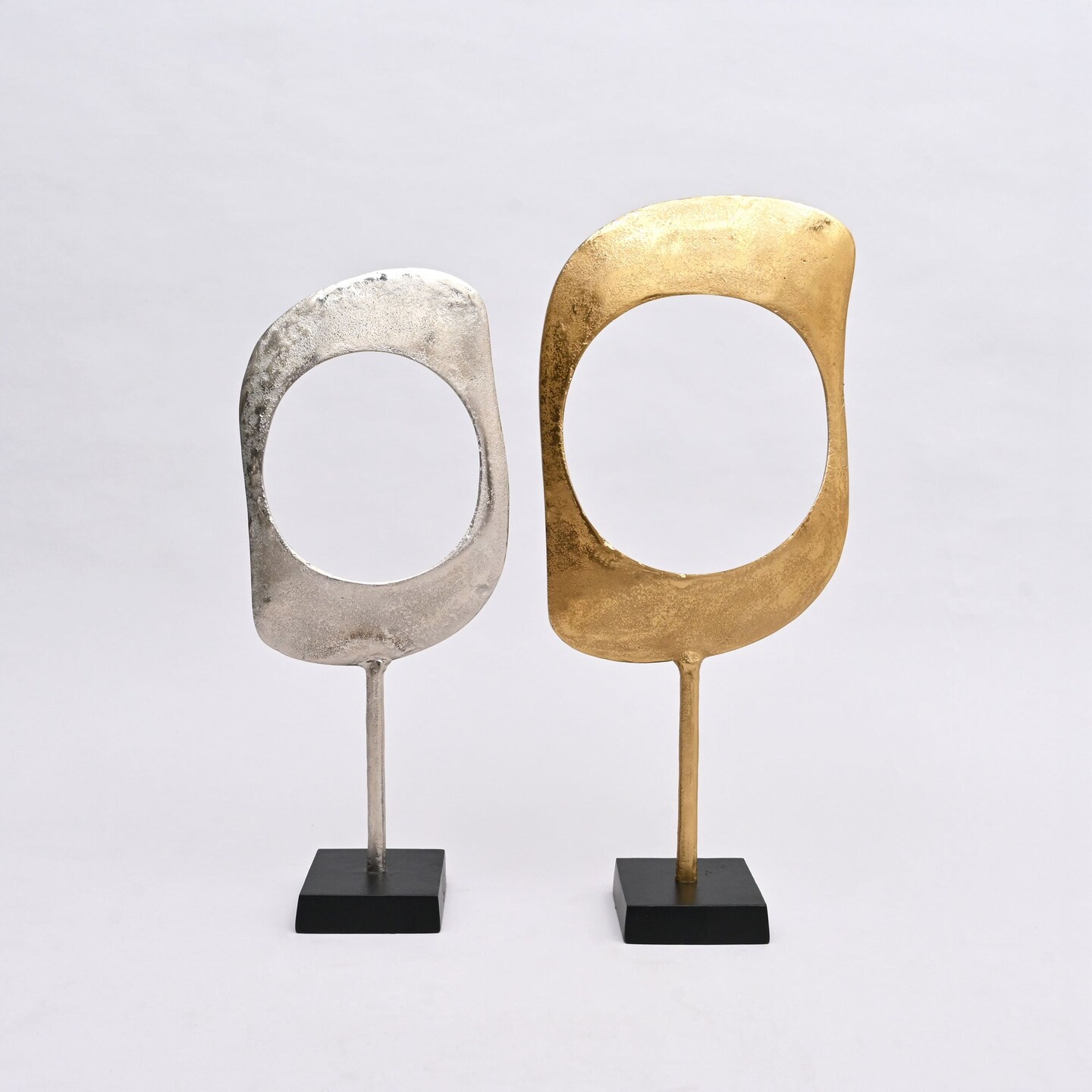 Gold & Nickel Aluminum Ring Sculptures with Black Base – Set of 2 (23" & 21" H)