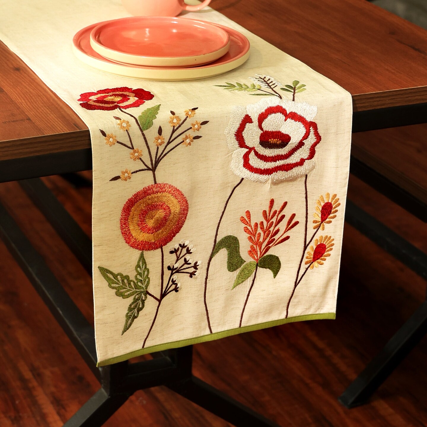 Handcrafted Slub Cotton Table Runner with Embroidery - 72”