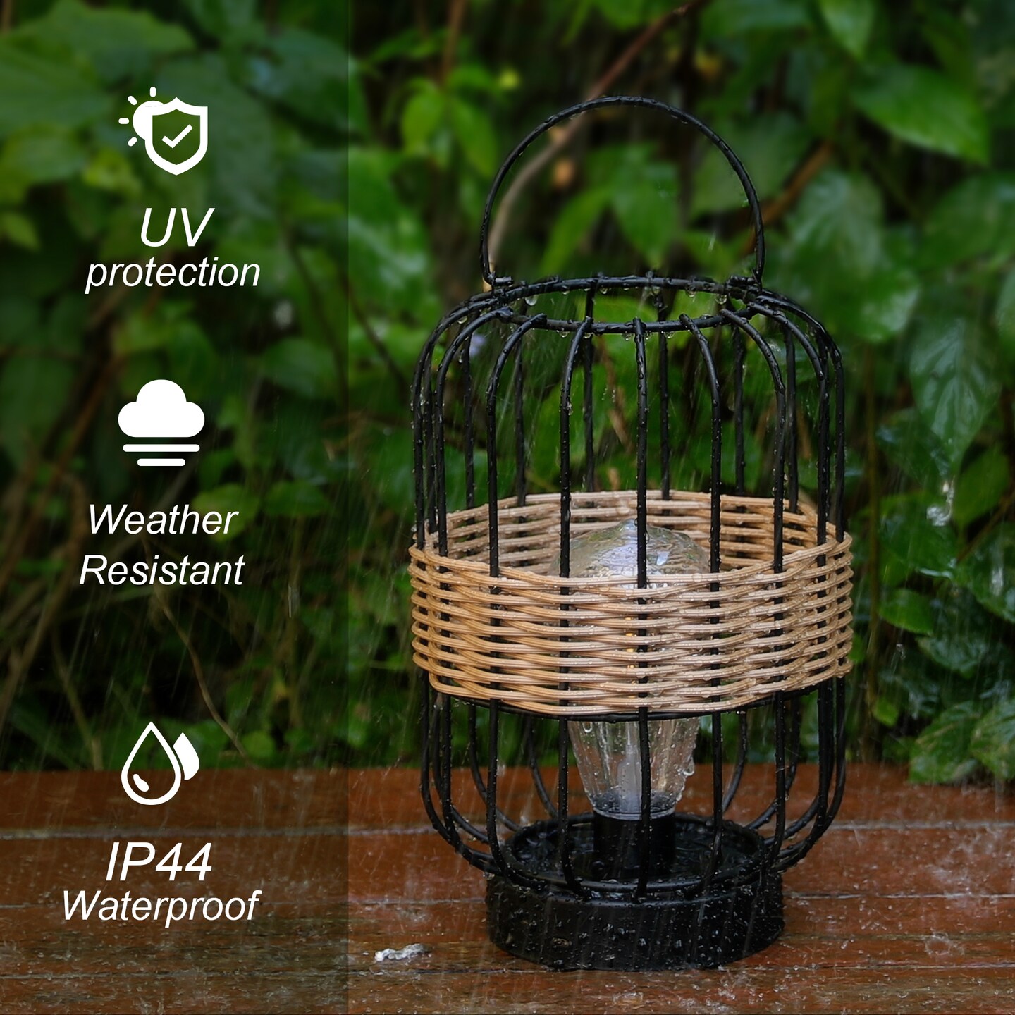 Set of 2 11.75"H Metal Wire Faux Rattan Solar Powered Outdoor Lantern with Edison Bulb and Handle