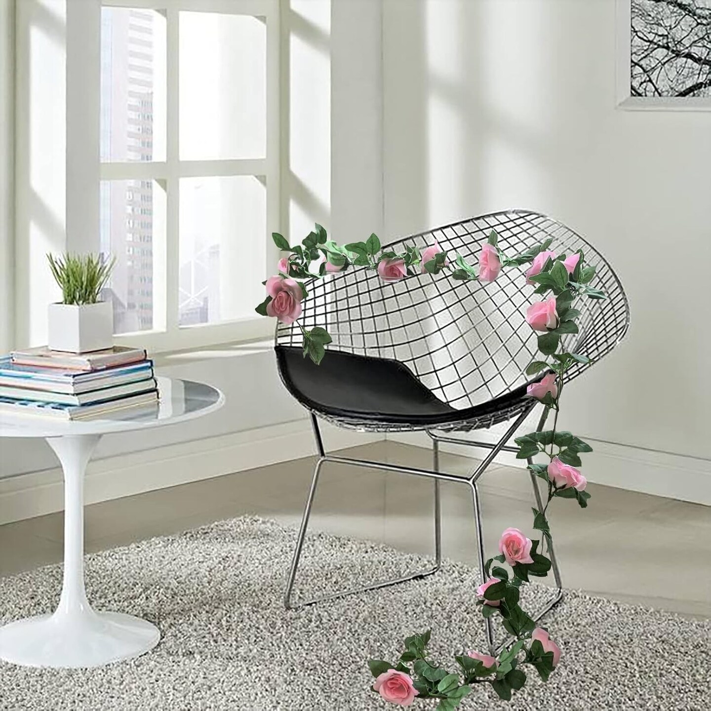 2 Pack Artificial Rose Vine Spring Garland Fake Roses Flowers Plants Vines Hanging Floral Leaves Decoration for Wedding Party Table Garden Arch Wall Home Room Decor(Pink)