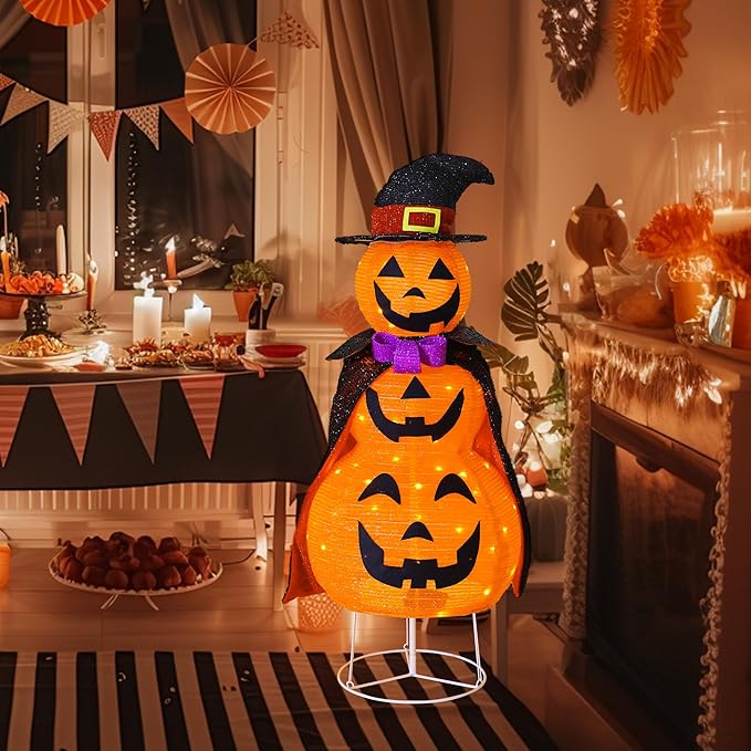 Pumpkin Decorations, Light Up 60 LED Pumpkin with Cloak with 8 Lighting Mode, Pop Up Jack-o-Lantern for Outdoor Indoor Garden Yard Porch Home Party Decor