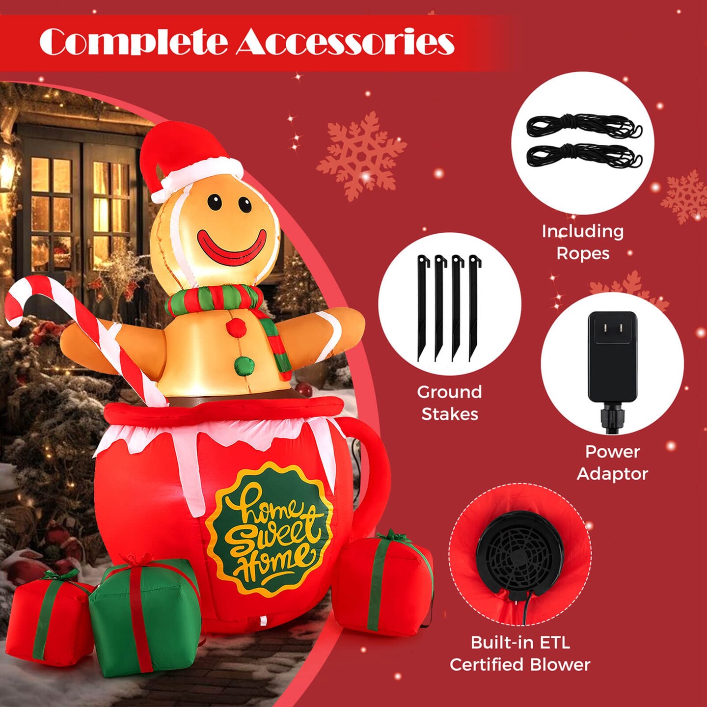 Costway 7 FT Christmas Inflatable Blow up Pre-Lit Gingerbread Man in Mug with Gift Boxes