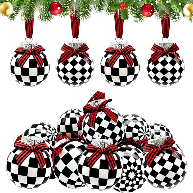 12 Pieces Black and White Winter Balls Black and White Checkered Ball Ornament Farmhouse Christmas Hanging balls Ornaments with Buffalo Check Bow Christmas Tree Decor for Home