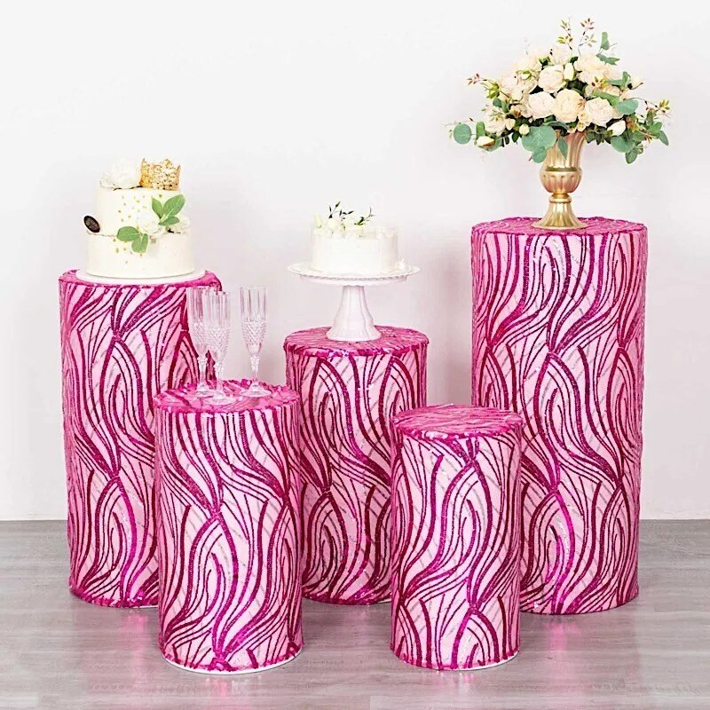 5 Mesh with Wavy Embroidered Sequins Cylinder Display Stand Covers Set Party