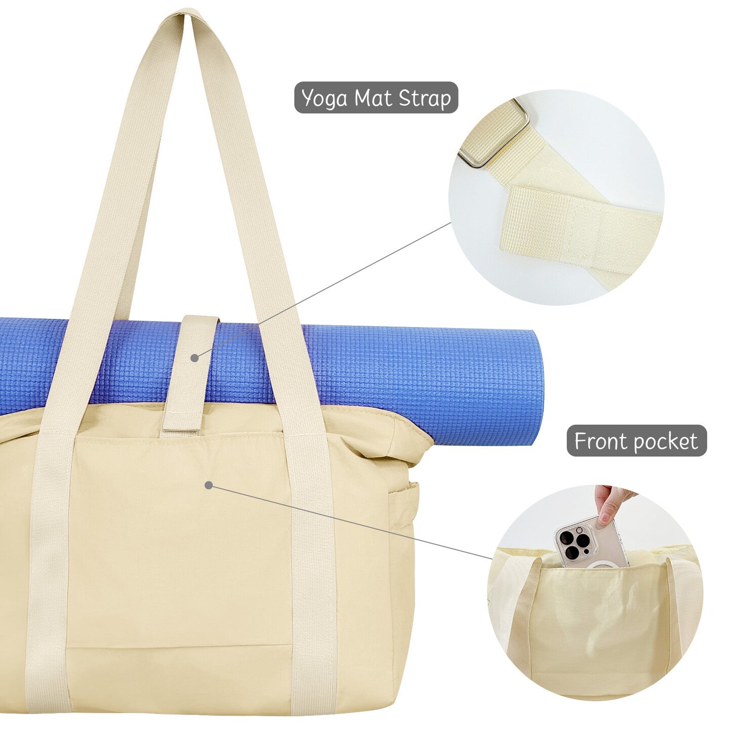 Wrapables Sporty Yoga Tote Bag, Gym, Work, Overnight and Travel Bag, Cream