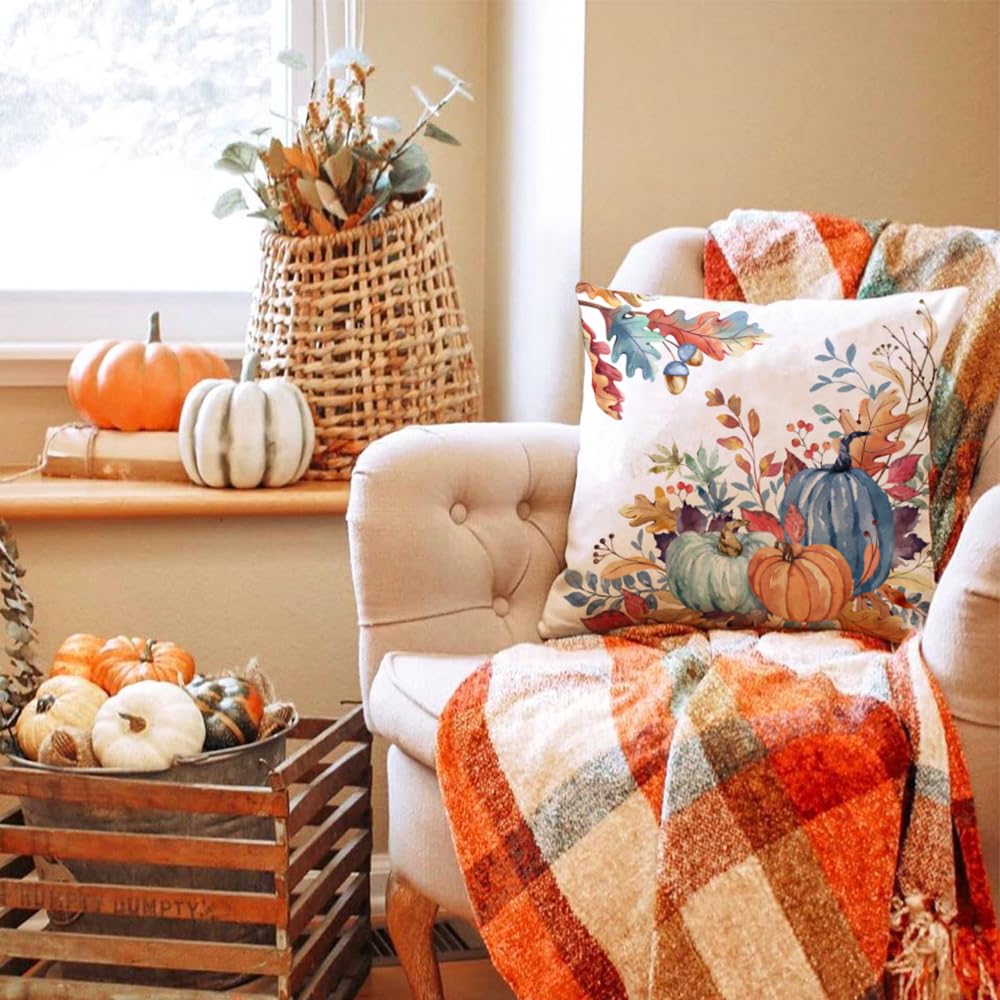 DFXSZ Fall Pillow Covers 18x18 inch Set of 2 Blue and Green Watercolor Pumpkin Fallen Leaves Decorative Throw Pillow Covers Autumn Thanksgiving Farmhouse Decoration for Home Couch TH27-E18