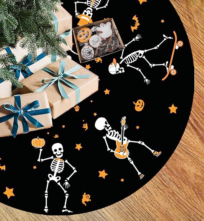 36&#x22; Halloween Tree Skeleton Skirt, Halloween Funny Skulls Pumpkin Black Orange Tree Skirts Mat Decorations, Festival Home Decor Indoor for Fall Farmhouse Party Supplies