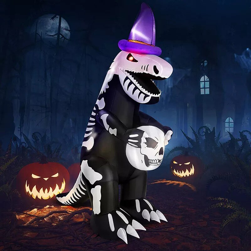 8ft Halloween Inflatable Blow up Skeleton Dinosaur w/ Flickering Eyes & Speaker