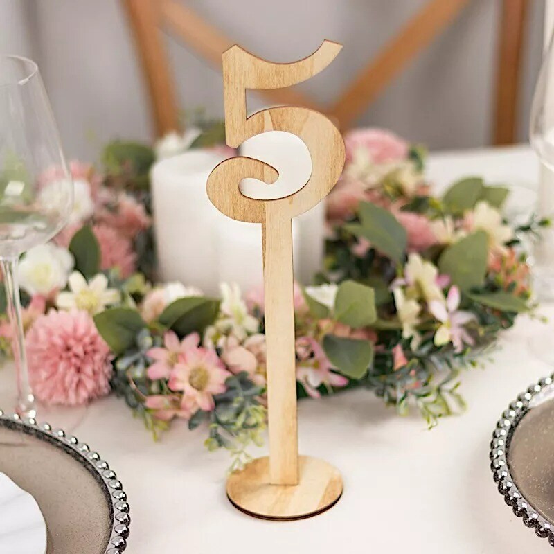 Natural 20 Wooden 11" Table Numbers 1-20 Set on Sticks Round Holder Base Party