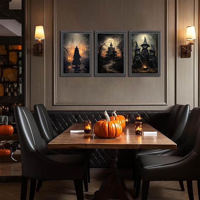 3pcs Halloween Canvas Wall Art Dark Academia Scary Witch Black Cat Castle Posters Prints Thriller Horror Gothic Wall Decor Pictures for Halloween Party House Decoration Unframed