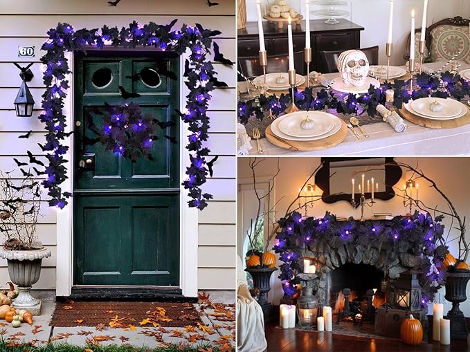 Halloween Garland with Purple Lights Black Leaf Garland Black Artificial Maple Leaves Decor Home Mantle Stairs Indoor, Fall Fake Garland Decorations Hanging Wall Door Outdoor,2 Pack (Purple)