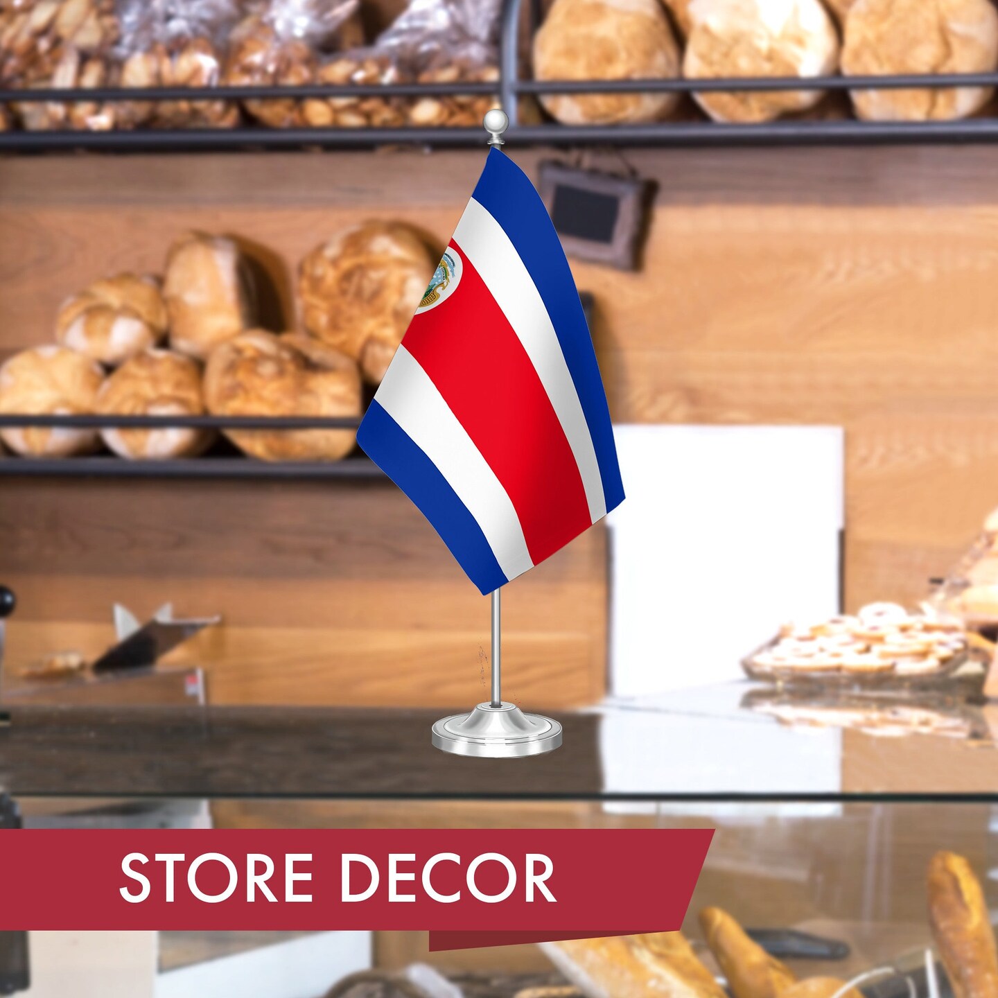 G128 Costa Rica Costa Rican Deluxe Desk Flag Set | 8.5x5.5 In | Printed 300D Polyester, with Silver Dome and Base, 15&#x22; Metal Pole, Decorations For Office, Home and Festival Events Celebration