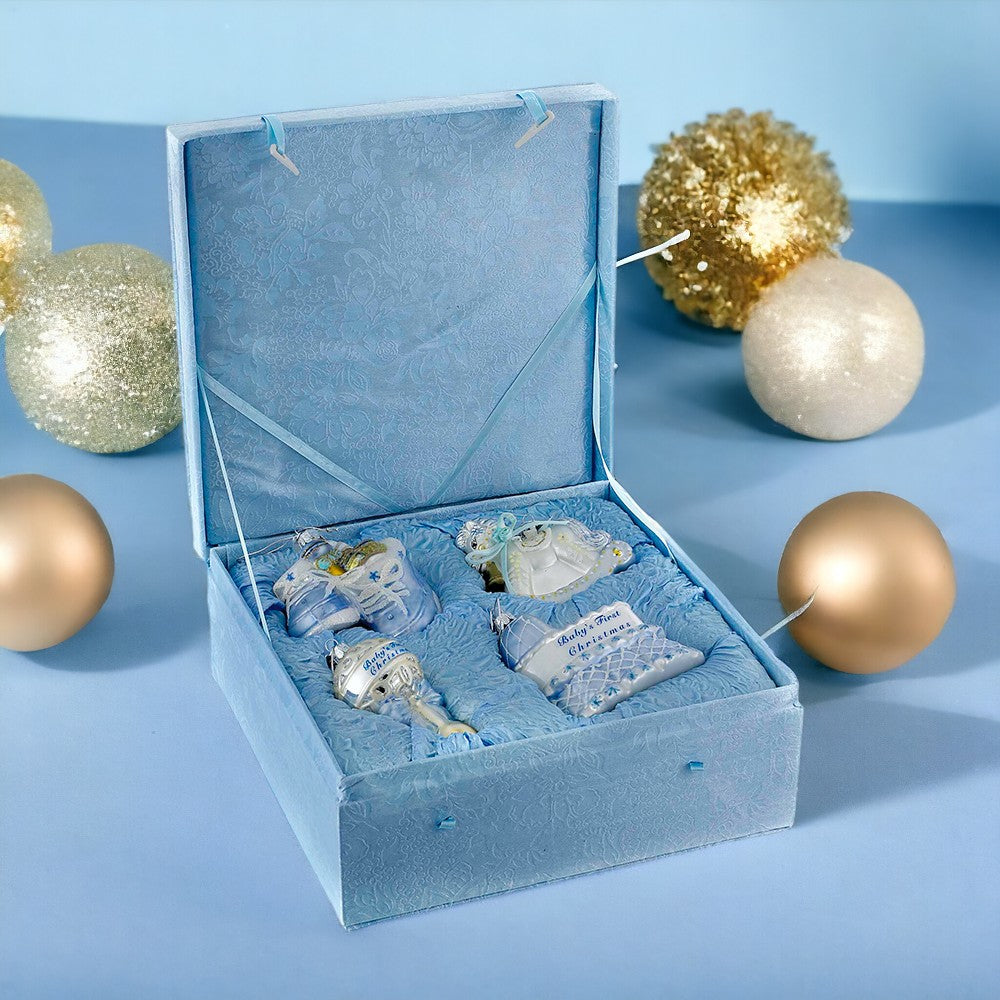 4&#x22; Noble Gems&#x2122; Baby Boy Glass Ornament Set  4-Piece Boxed Christmas Decoration