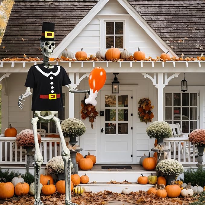 12 ft Giant Sized Skeleton Costume Set Extra Large Shirt and Hat Inflatable Turkey Leg for Garden Lawn Outdoor Decor (Skeleton Not Included) (Pligrim)