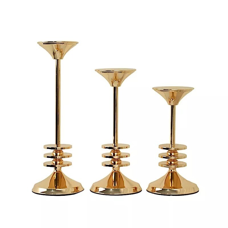 3 Gold Taper Candle Holders 3-Disk Design Pedestal Candlestick Stands Events