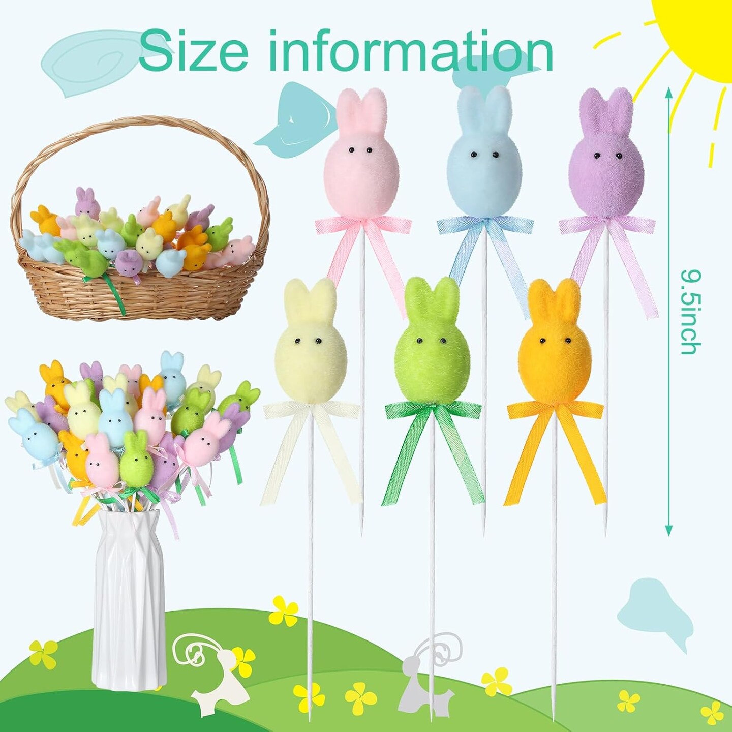24 Pcs Easter Bunny & Pastel Egg Picks – 7" Faux Foam Stems for Spring Floral Arrangements, Easter Baskets, Centerpieces, Wreaths, and Party Decorations