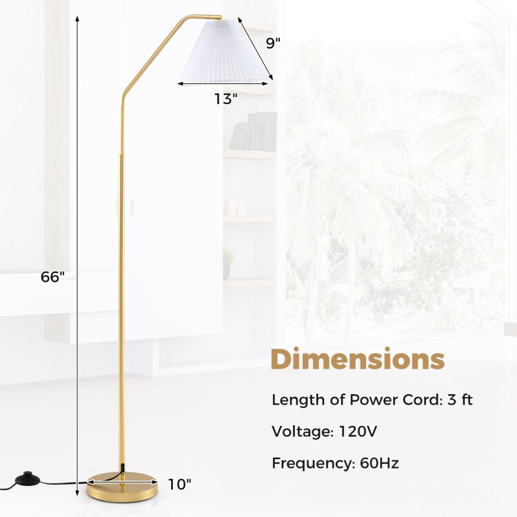 Gold & White Arc Floor Lamp with Adjustable 350° Head, Pleated Shade, E26 Socket, and Anti-Tip Base
