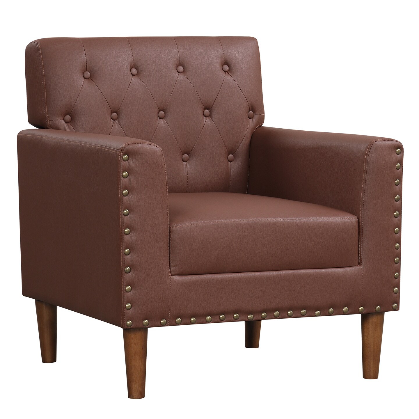 Tufted Faux Leather Accent Chair with Rubber Wood Legs – Modern Armchair with 5'' Thick Cushion