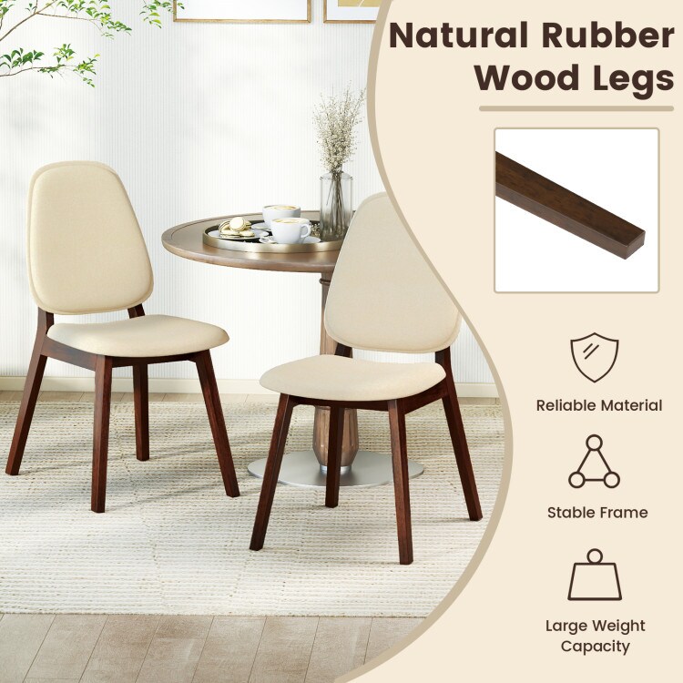 Brown & Beige Dining Chairs Set of 2 – Rubber Wood Frame, Linen Fabric Cushioned Seat, Ergonomic Curved Back
