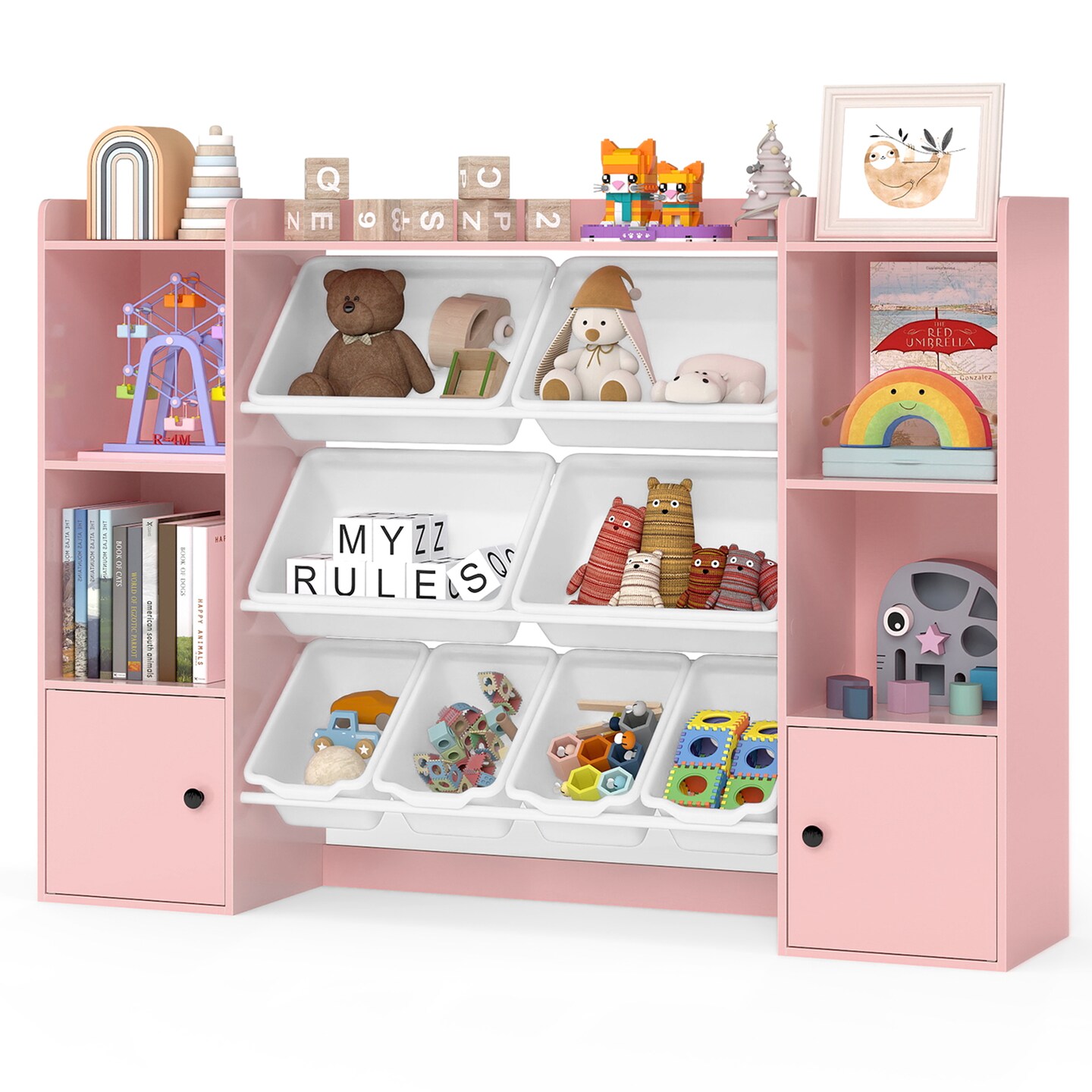 Kids Toy Storage Cabinet with 8 Bins, Open Shelves & Single-Door Cabinet Child-Friendly Organizer for Books