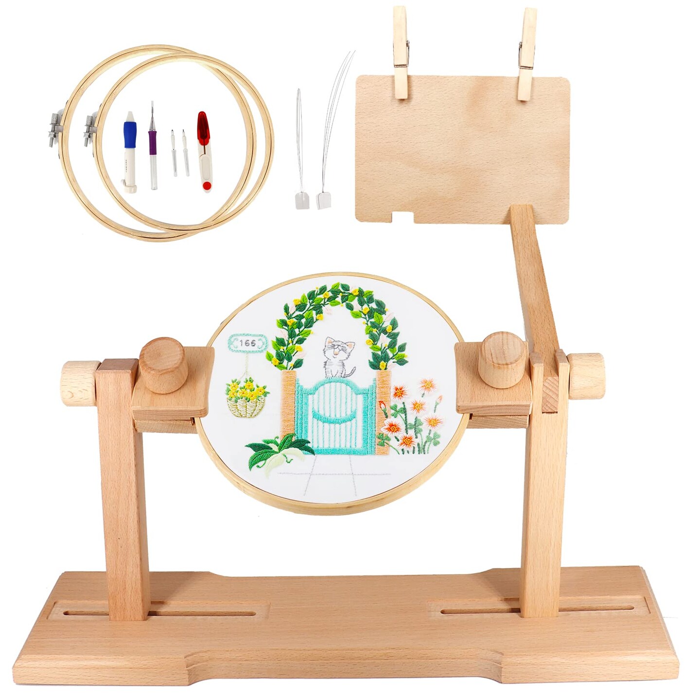 SolidGnik Embroidery Stand, Adjustable Embroidery Hoop Holder, Cross Stitch Stand with Embroidery Kit and 3PCS Embroidery Hoops