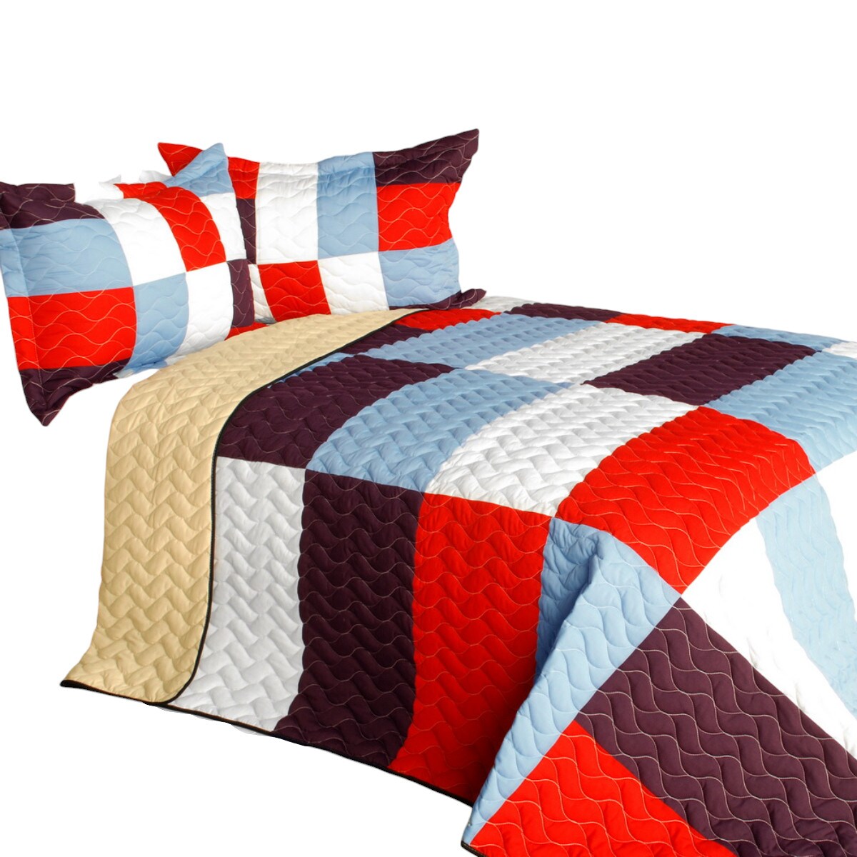 Full/Queen 3-Piece Reversible Patchwork Quilt Set Vermicelli Quilting, Handmade Geometric Design & Zipper Shams