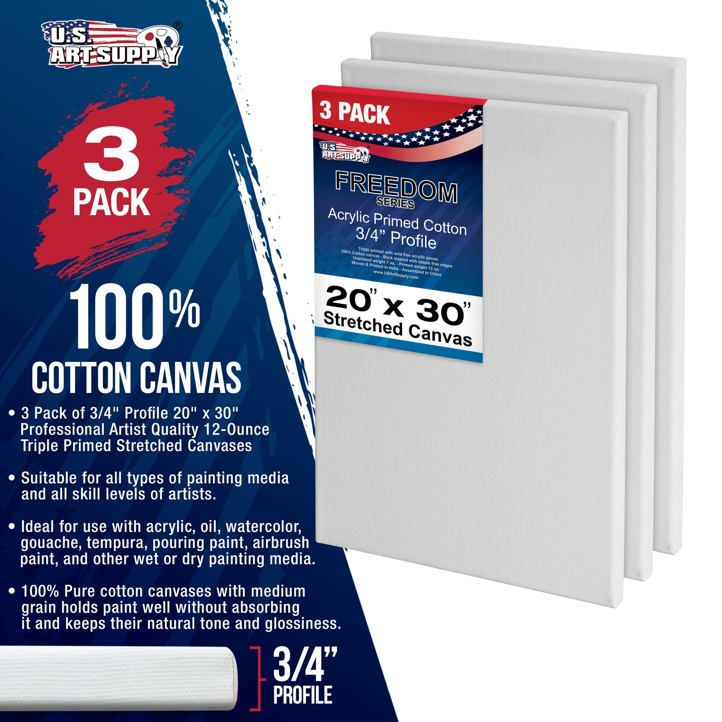 20 x 30 inch Stretched Canvas 12-Ounce Triple Primed, 3-Pack - Professional Artist Quality White Blank 3/4" Profile, 100% Cotton, Heavy-Weight Gesso