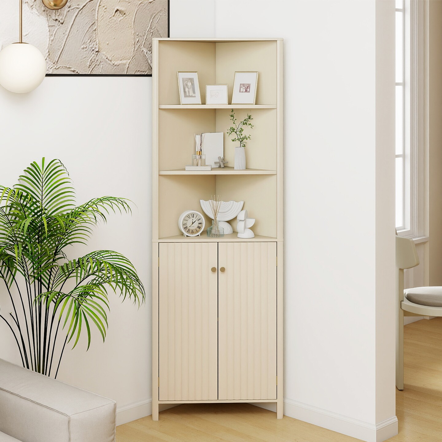 68-Inch Tall Corner Bathroom Cabinet with 5 Shelves and 2 Fluted Doors