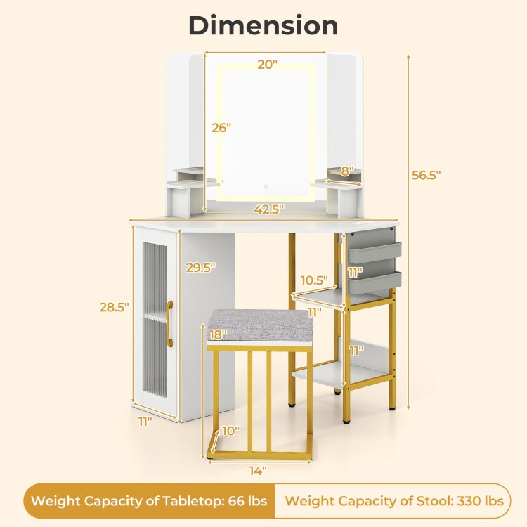 White Corner Vanity Table with Triple LED Mirrors, Adjustable Shelves, Charging Station & Cushioned Stool