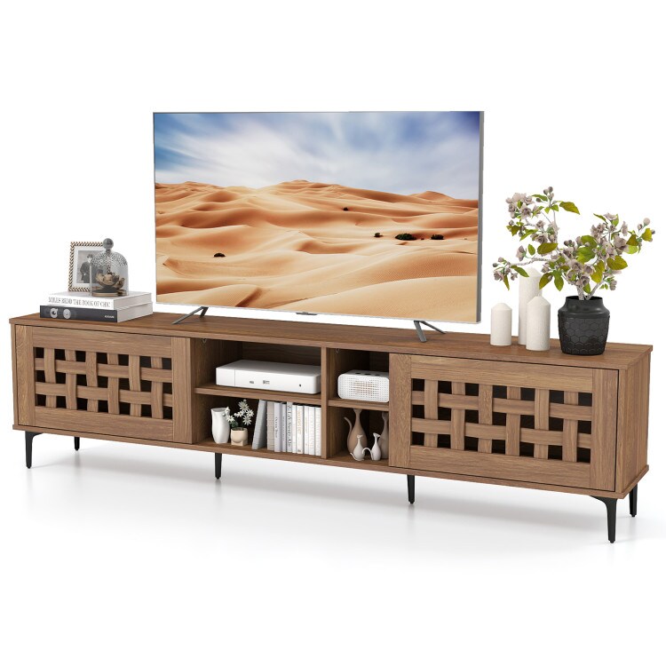 Media Console with 2 Cabinets & 4 Open Compartments, MDF & Metal Frame, Supports TVs up to 80"