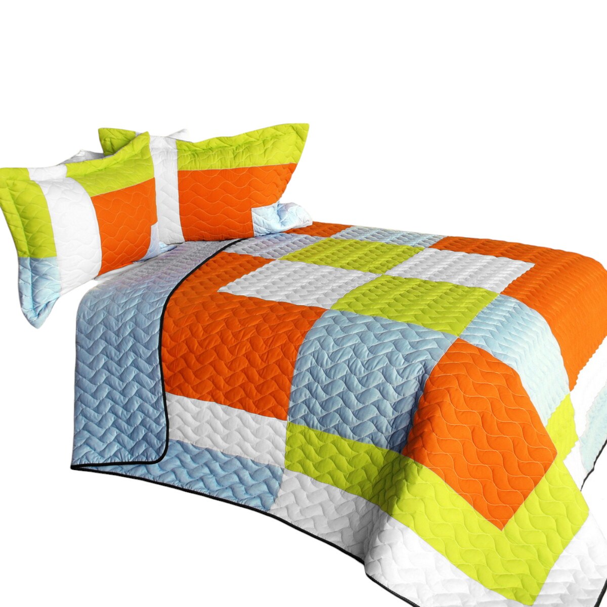 3-Piece Full/Queen Quilt Set with Geometric Patchwork and Soft Vermicelli Quilting