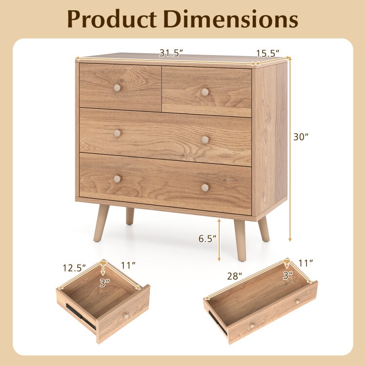 Wide 4-Drawer Wooden Dresser with Smooth Slides and Sturdy Construction for Bedroom
