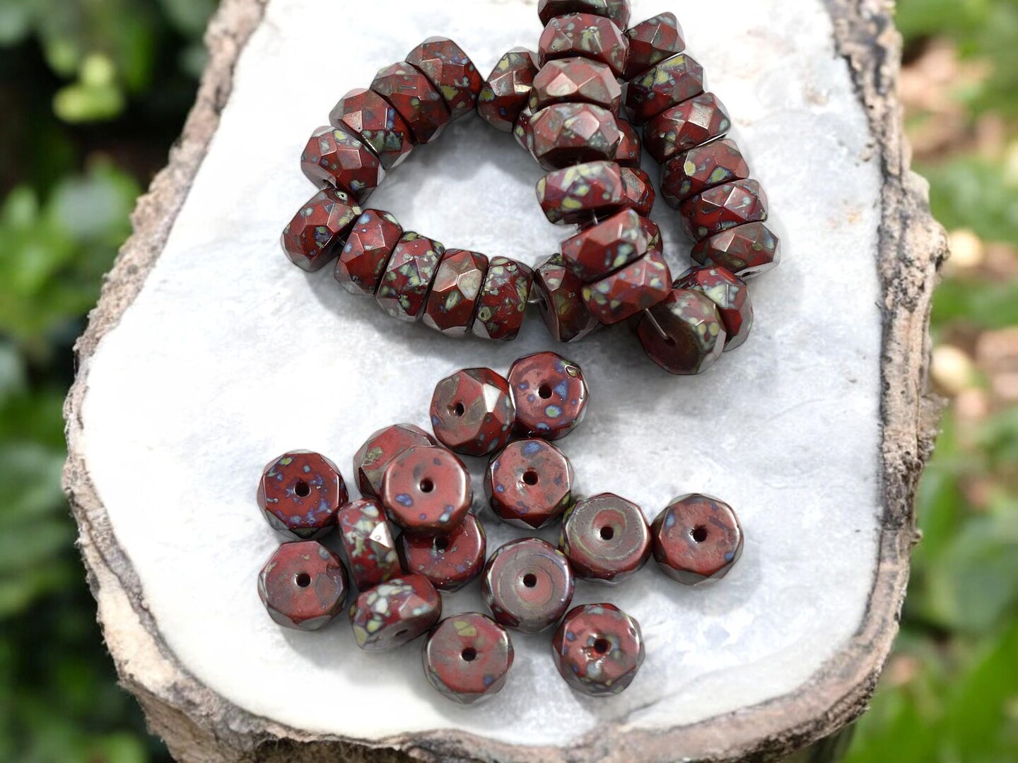 *15* 4x6mm Opaque Red Picasso Fire Polished Rondelle Heishi Beads