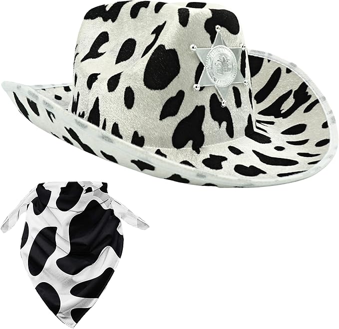 4E’s Novelty Cow Print Cowboy Hat with Bandana for Men & Women - Velvet Feel Black and White Cowgirl Hat for Cow Themed Party Decorations & Cosplay