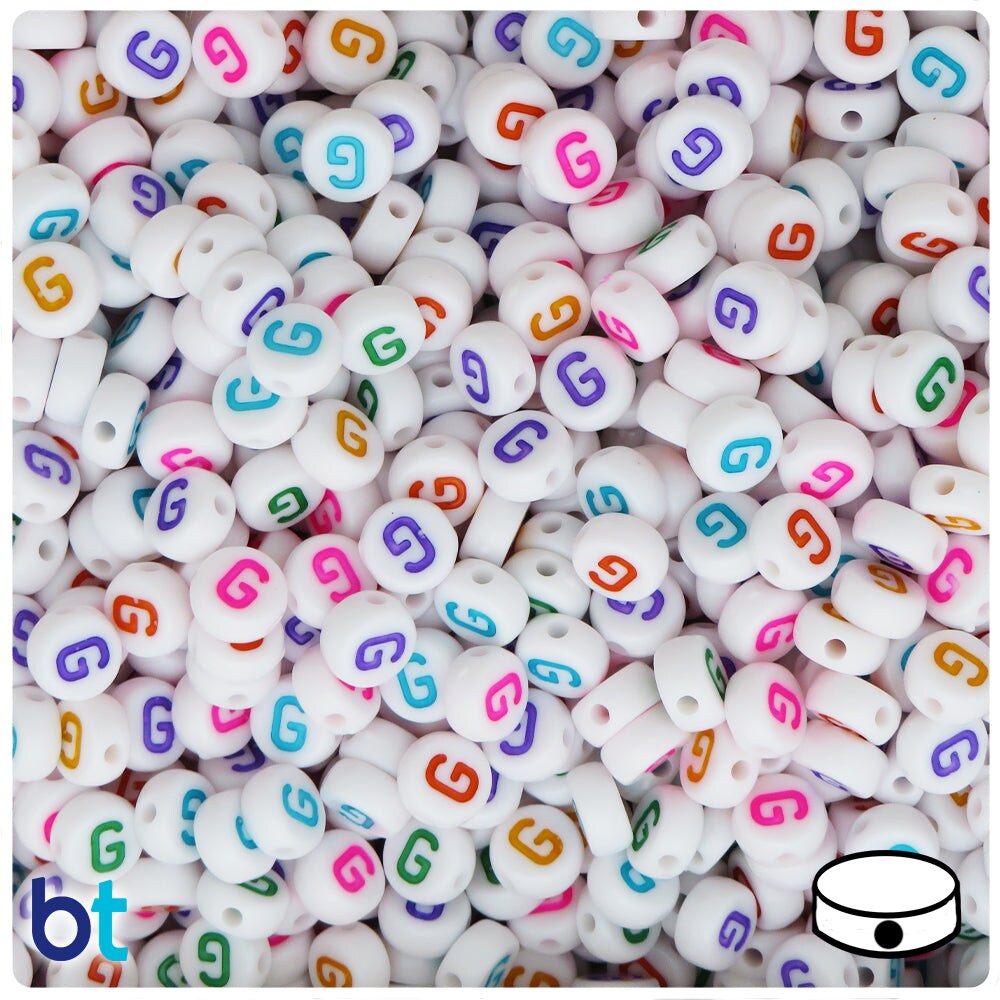 BeadTin White Opaque 7mm Coin Plastic Alpha Beads - Colored Letter G (100pcs)