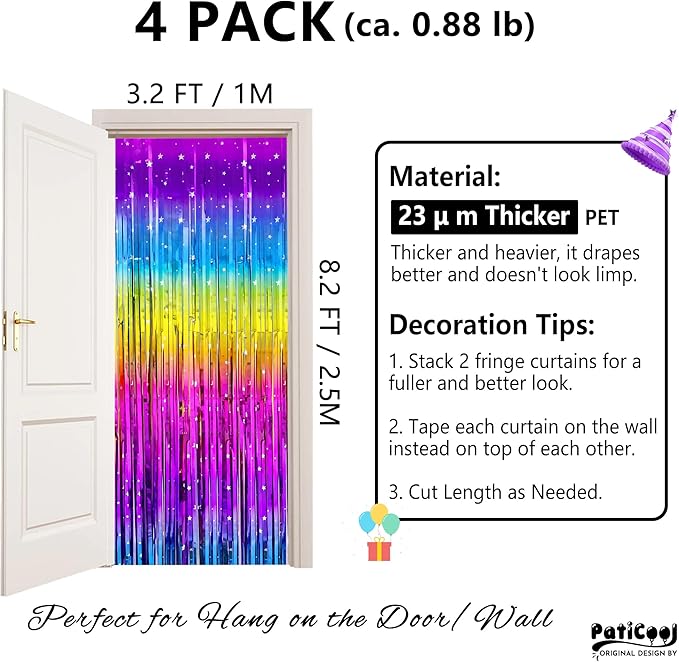Sparkly Rainbow Gradient Tinsel Foil Fringe Curtain Backdrop - Thicken 4 Pack 3.2 x 8.2 Ft - Glitter Rainbow Door Streamers Party Backdrop Decorations for Birthday, Disco, 80s 90s Party