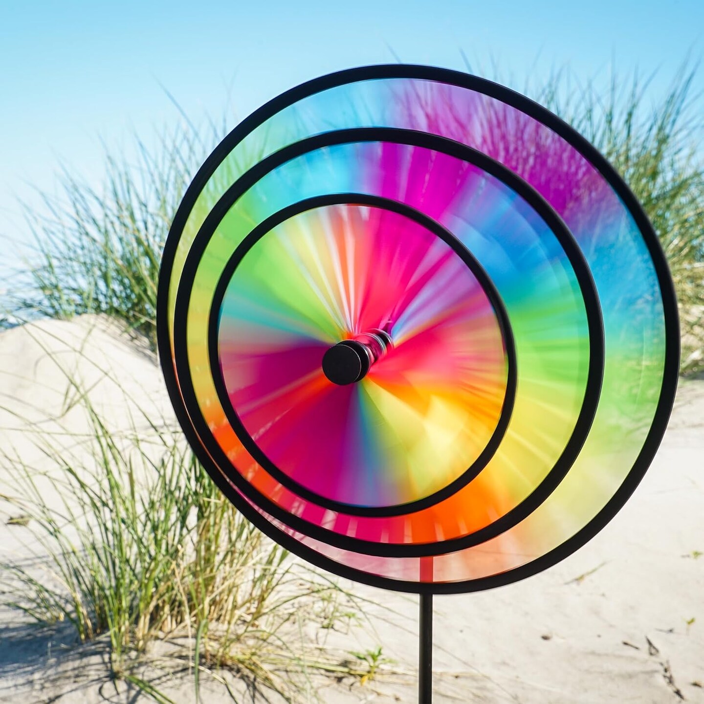 In the Breeze 2614 — Fiesta Triple Wheel Spinner — Colorful, Mesmerizing Wind Spinner for Yards and Gardens