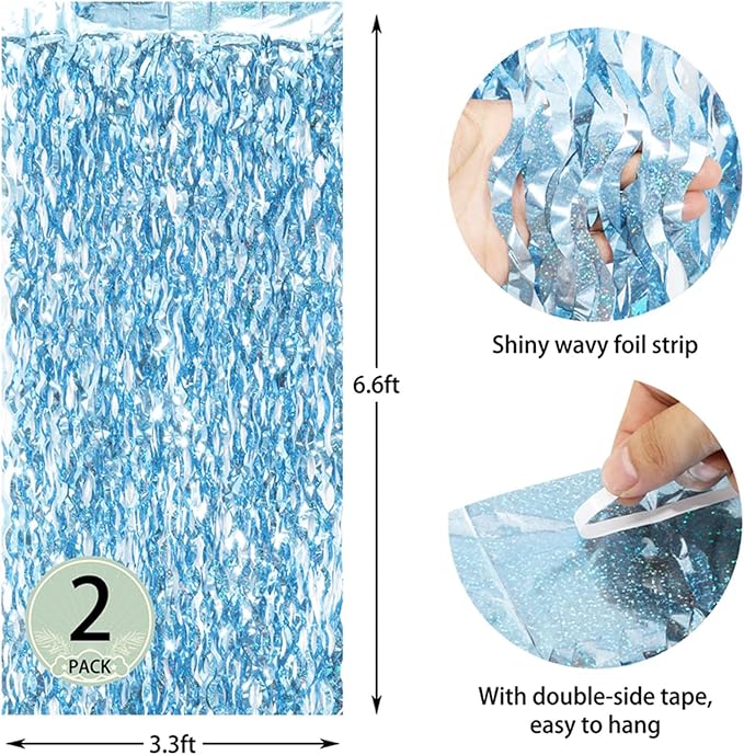 Light Blue Wave Party Backdrop Decoration -Foil Fringe Curtain Blue Party Streamers for Under The Sea/Ocean/Frozen/Pool/Beach Theme Party Decorations -2 Packs