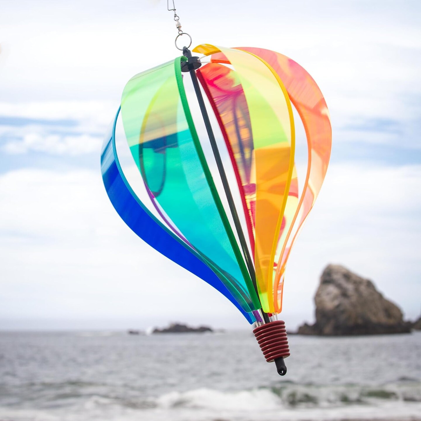 In the Breeze 0973 — Rainbow Iridescent 6-Panel Hot Air Balloon — Vibrant, Shiny Hanging Outdoor Wind Spinner