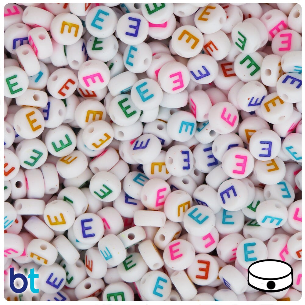 BeadTin White Opaque 7mm Coin Plastic Alpha Beads - Colored Letter E (100pcs)