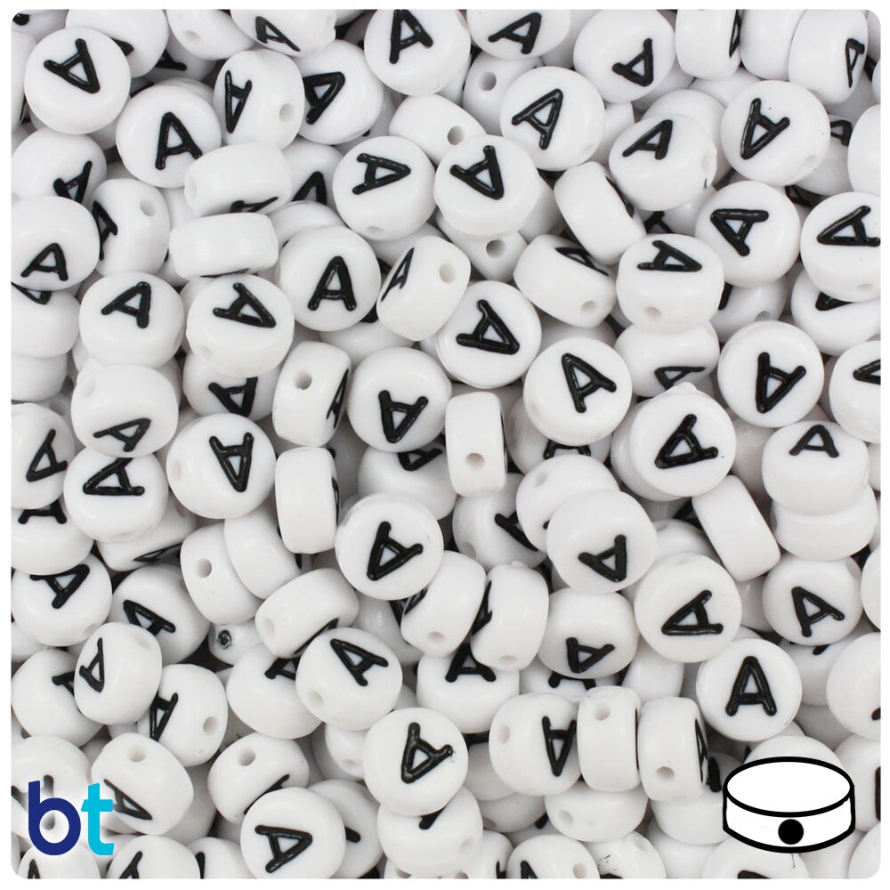 BeadTin White Opaque 7mm Coin Plastic Alpha Beads - Black Letter A (100pcs)