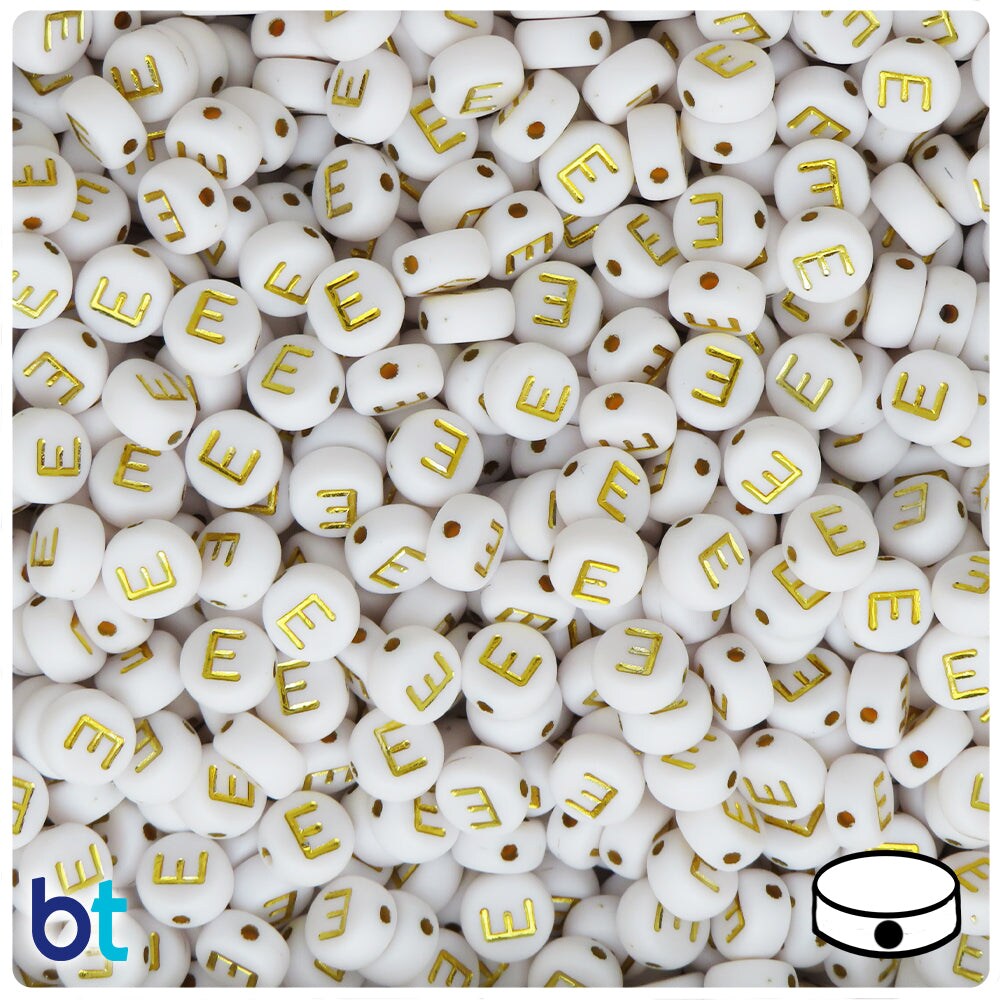 BeadTin White Opaque 7mm Coin Plastic Alpha Beads - Gold Letter E (100pcs)